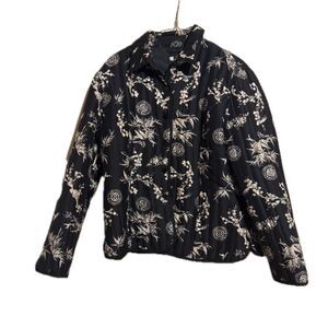 VTG %100 Silk Quilted Puff Bomber‎ Floral Black Jacket Women XL Carole Little